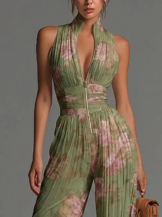 Cassidy | Women's Floral Pleated Wide Leg Jumpsuit Halter Deep V