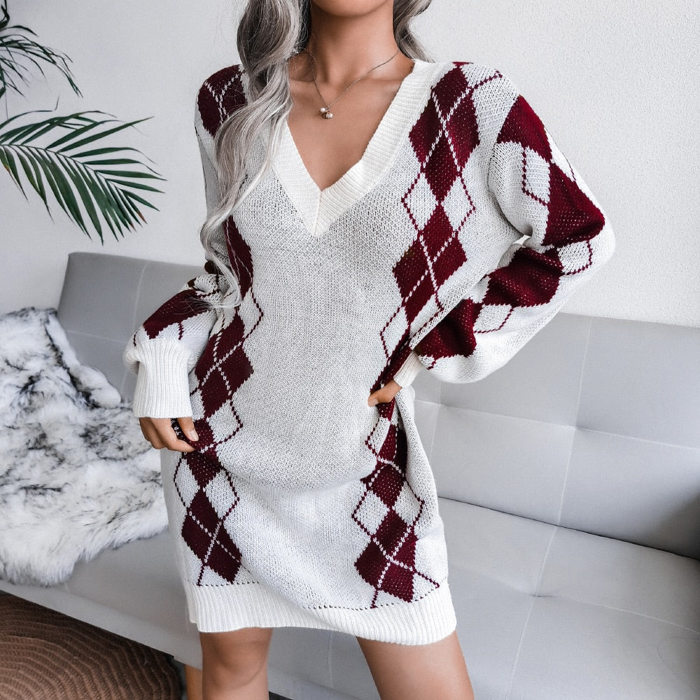 Fenwick | Women's Argyle Knit V Neck Long Sleeve Sweater Dress