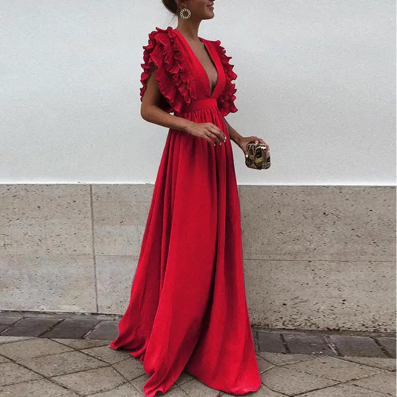 Beatrice | Women's Ruffled Deep V-Neck Wedding Guest Maxi Dress