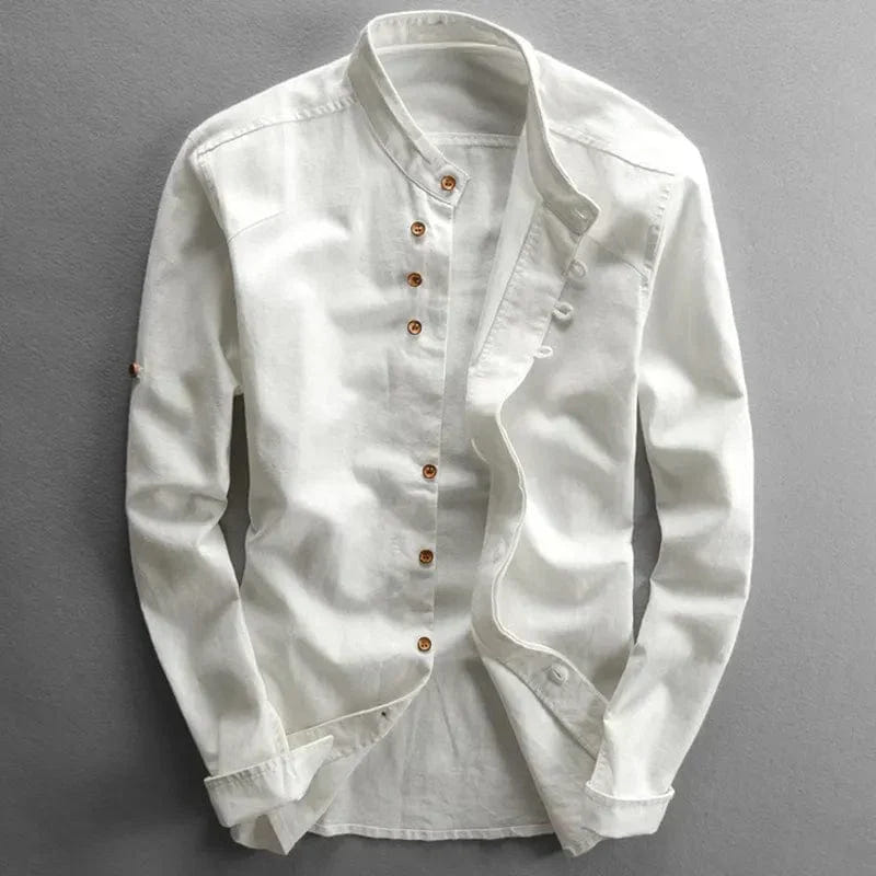 Kenji | Men's Mandarin Collar Button-Up Linen Blend Shirt