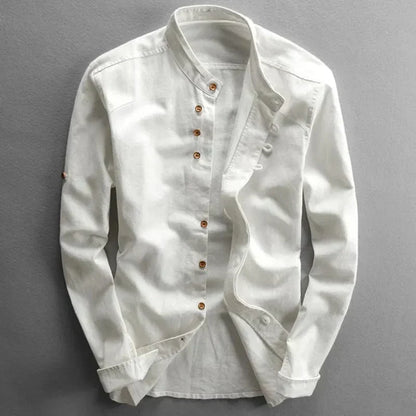 Kenji | Men's Mandarin Collar Button-Up Linen Blend Shirt