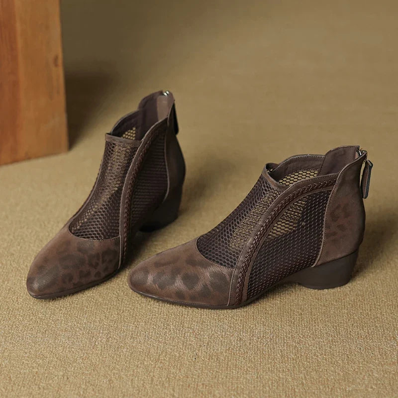 Thalira | Women's Mesh Panel Leopard Print Block Heel Ankle Boot