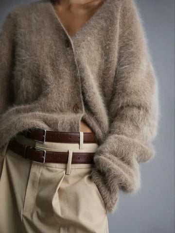 Elara | Women's Fuzzy Knit V-Neck Button-Front Cardigan