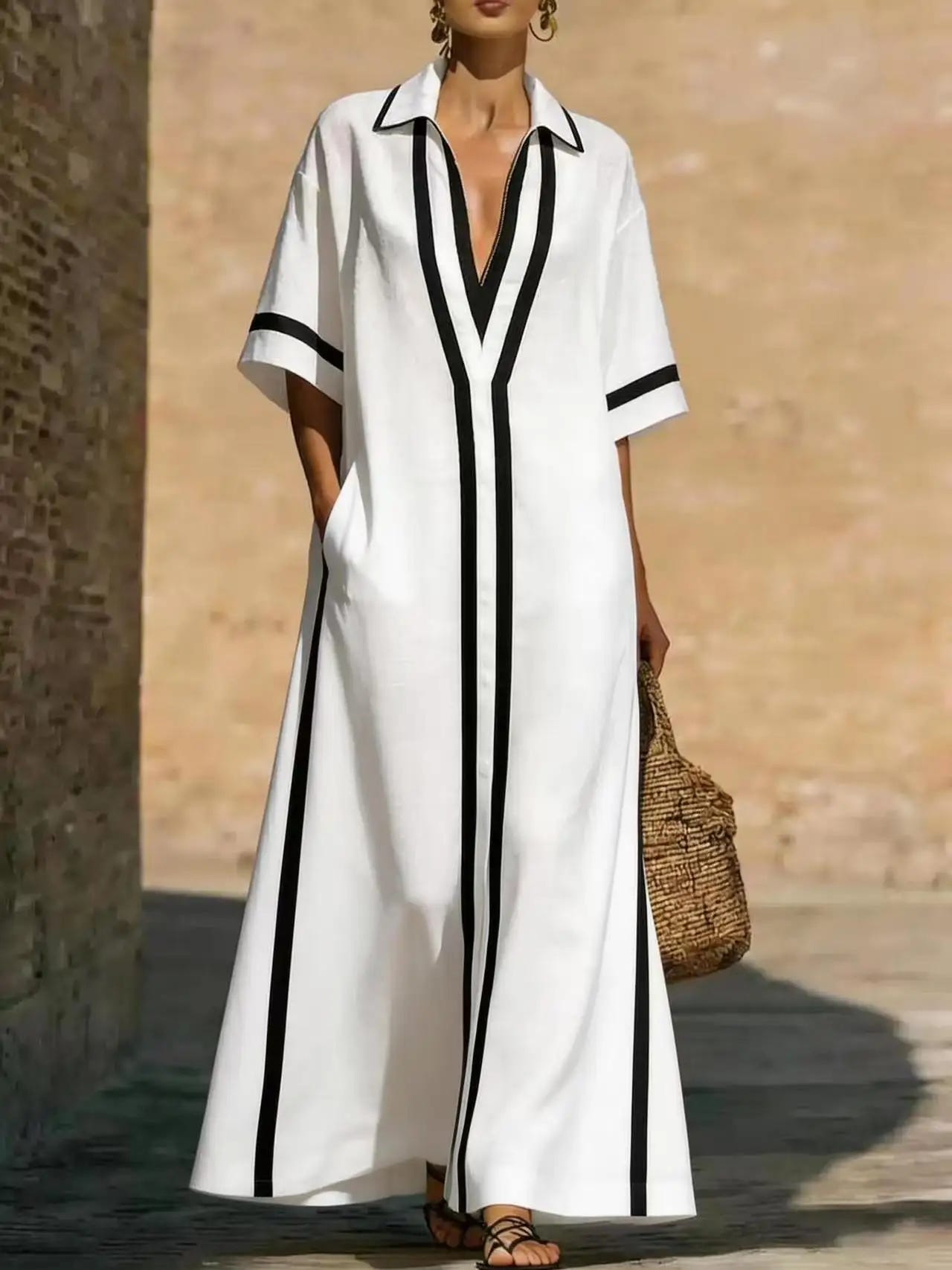 Victoria | Women's Maxi Dress Shirt Collar V Neck Contrast Trim
