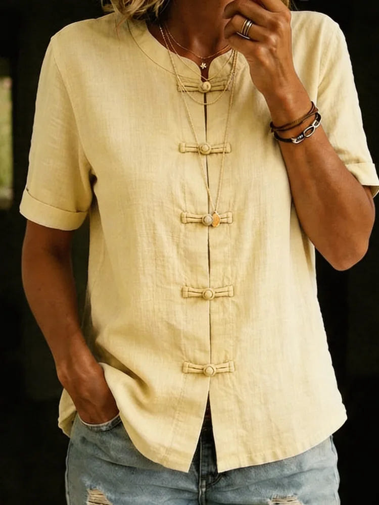 Josephine | Women's Linen Blend Blouses Short Sleeve Mandarin Button