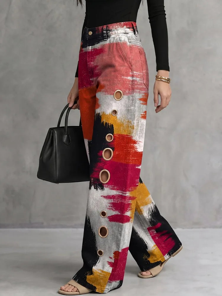 Isolwen | Women's Abstract Print Wide Leg High Waist Trousers