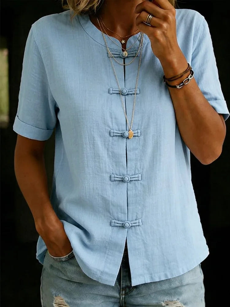Josephine | Women's Linen Blend Blouses Short Sleeve Mandarin Button