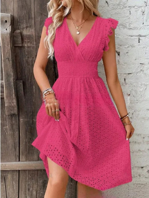Lily | Women's Eyelet V-Neck Ruffle Sleeve Casual Summer Dress