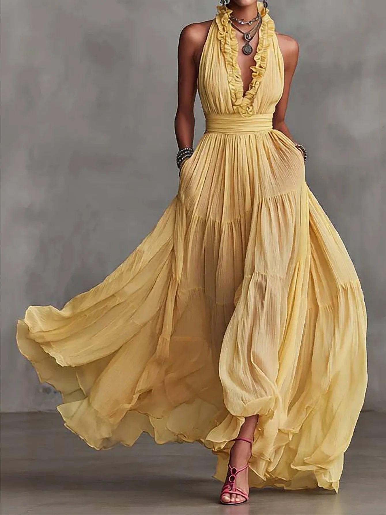 Brenda | Women's Ruffle Trim Halter Plunge Maxi Dress