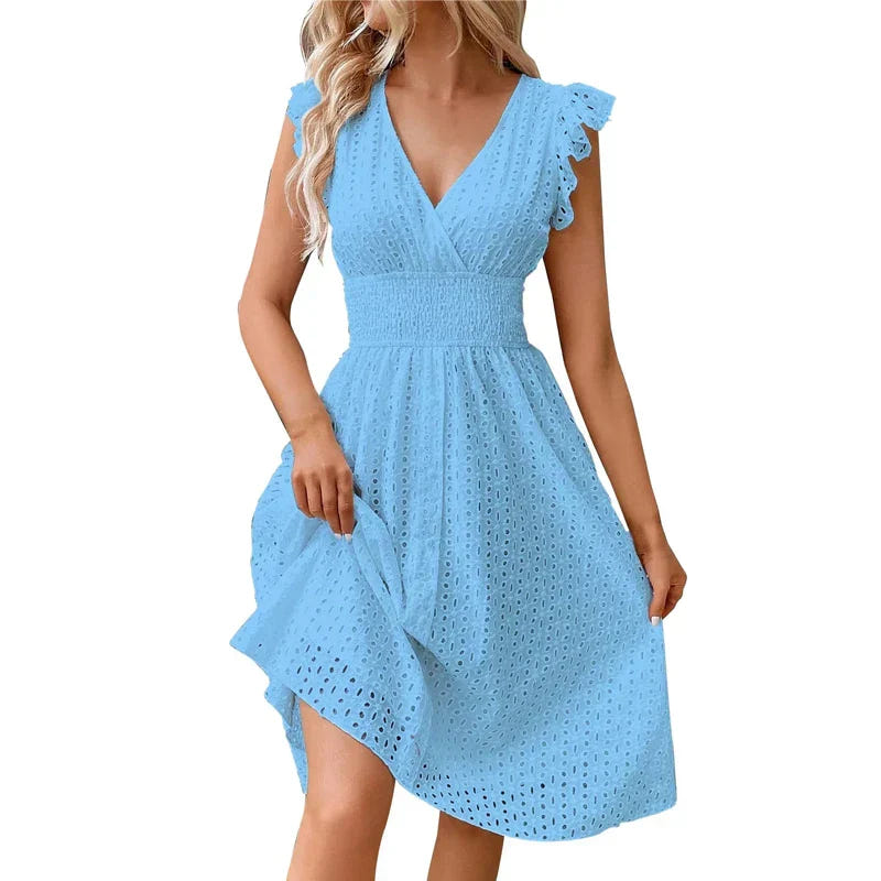 Lily | Women's Eyelet V-Neck Ruffle Sleeve Casual Summer Dress