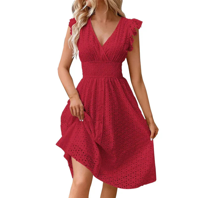 Lily | Women's Eyelet V-Neck Ruffle Sleeve Casual Summer Dress