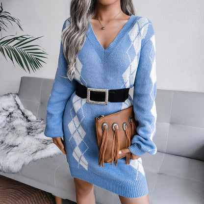 Fenwick | Women's Argyle Knit V Neck Long Sleeve Sweater Dress