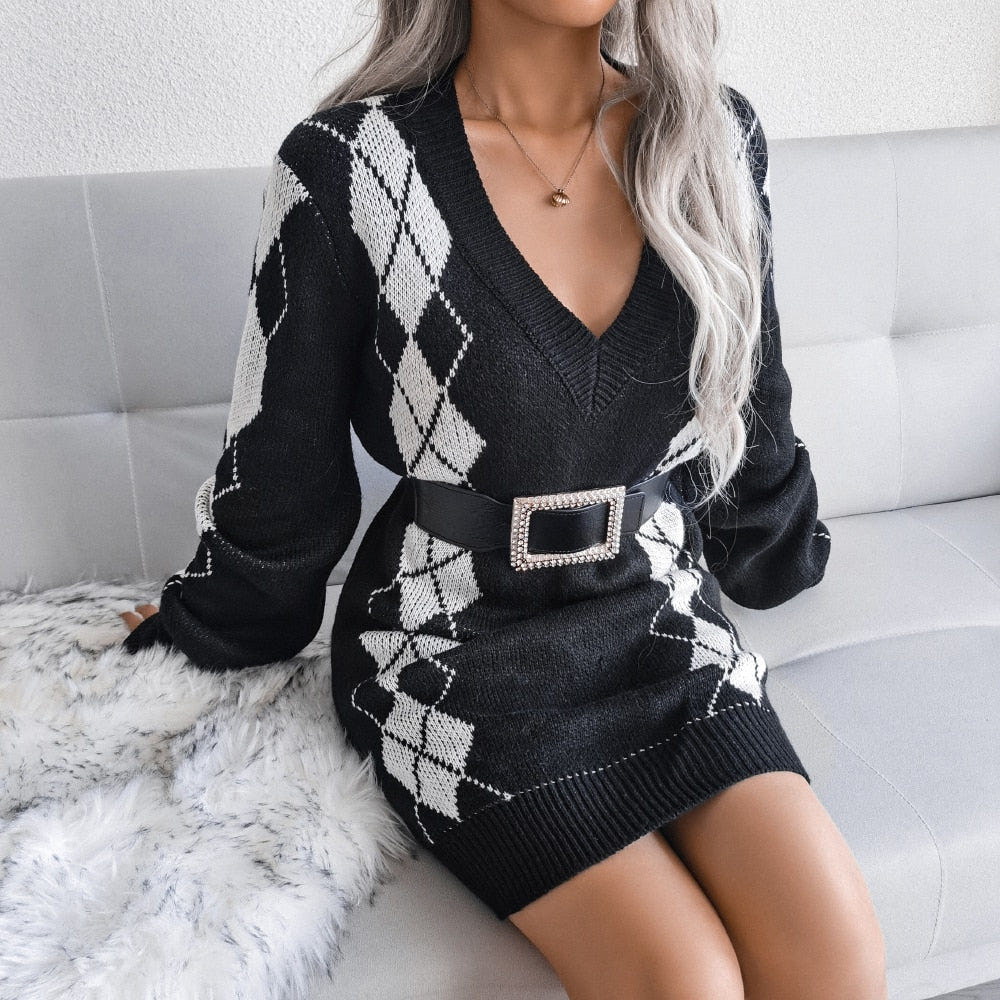 Fenwick | Women's Argyle Knit V Neck Long Sleeve Sweater Dress