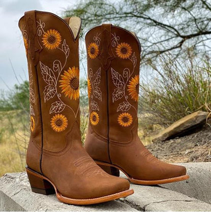 Florabeth | Women's Sunflower Embroidered Pointed Toe Western Boot