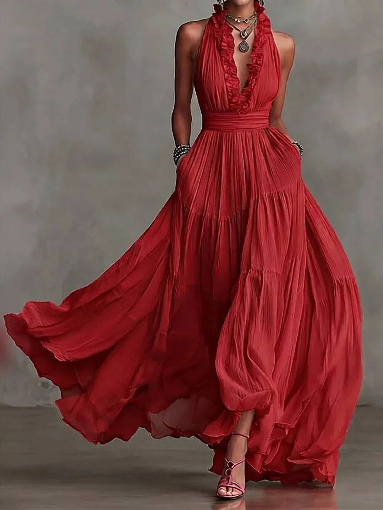 Brenda | Women's Ruffle Trim Halter Plunge Maxi Dress