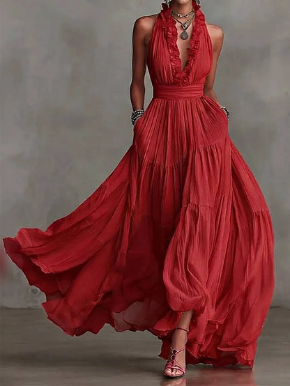 Brenda | Women's Ruffle Trim Halter Plunge Maxi Dress