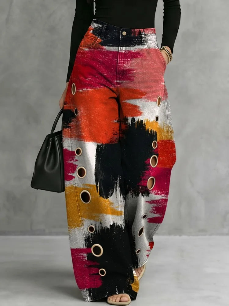 Isolwen | Women's Abstract Print Wide Leg High Waist Trousers