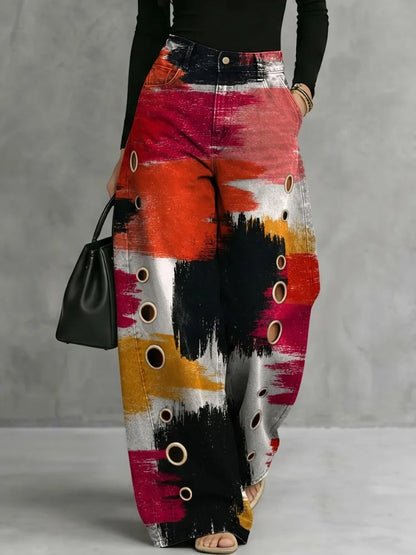Isolwen | Women's Abstract Print Wide Leg High Waist Trousers