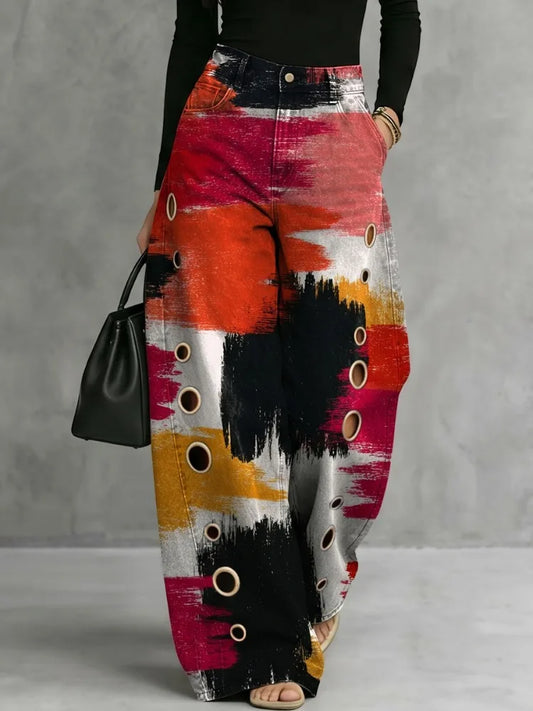 Isolwen | Women's Abstract Print Wide Leg High Waist Trousers