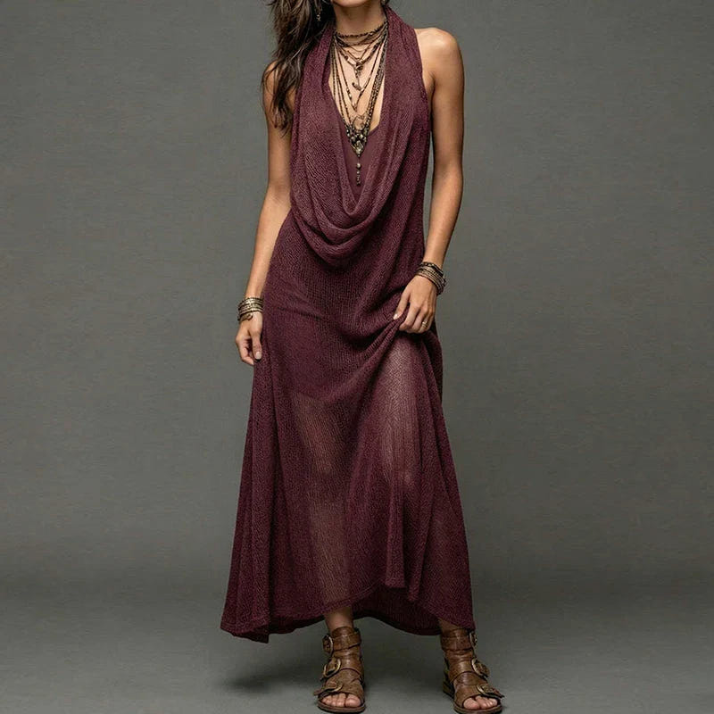 Nikkie | Women's Boho Maxi Dress Halter Draped Neck Knit Cover Up