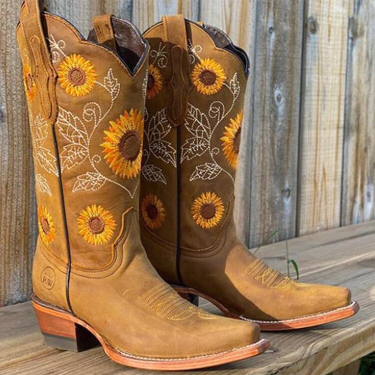Florabeth | Women's Sunflower Embroidered Pointed Toe Western Boot