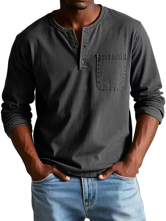 Kellan | Men's Vintage Washed Henley Long Sleeve Chest Pocket Shirt