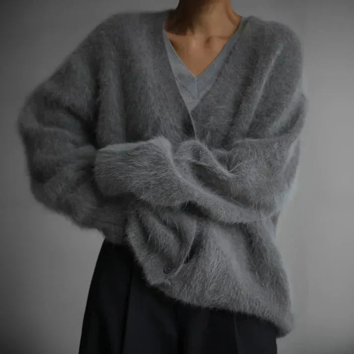 Elara | Women's Fuzzy Knit V-Neck Button-Front Cardigan