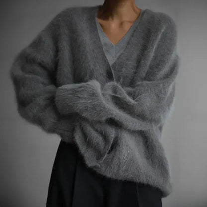 Elara | Women's Fuzzy Knit V-Neck Button-Front Cardigan
