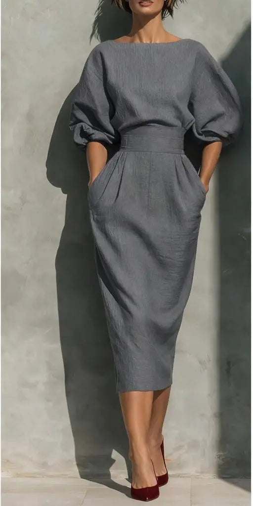 Bailey | Women's Lantern Sleeve Pleated Linen Blend Midi Dress