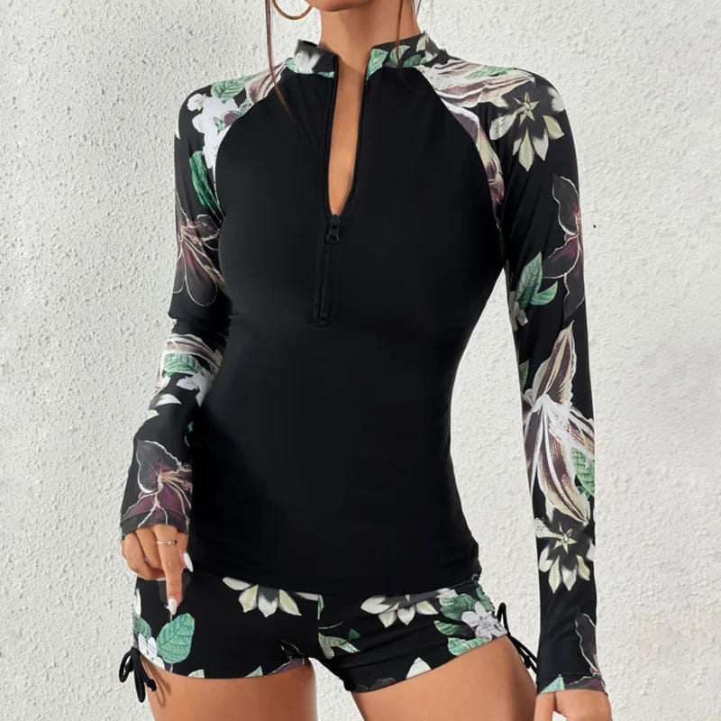 Isla | Women's Floral Rash Guard Set Long Sleeve Zip Front