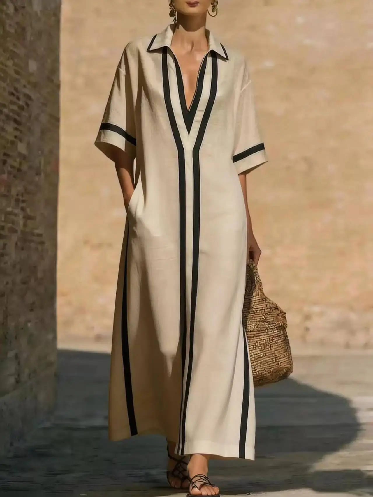 Victoria | Women's Maxi Dress Shirt Collar V Neck Contrast Trim