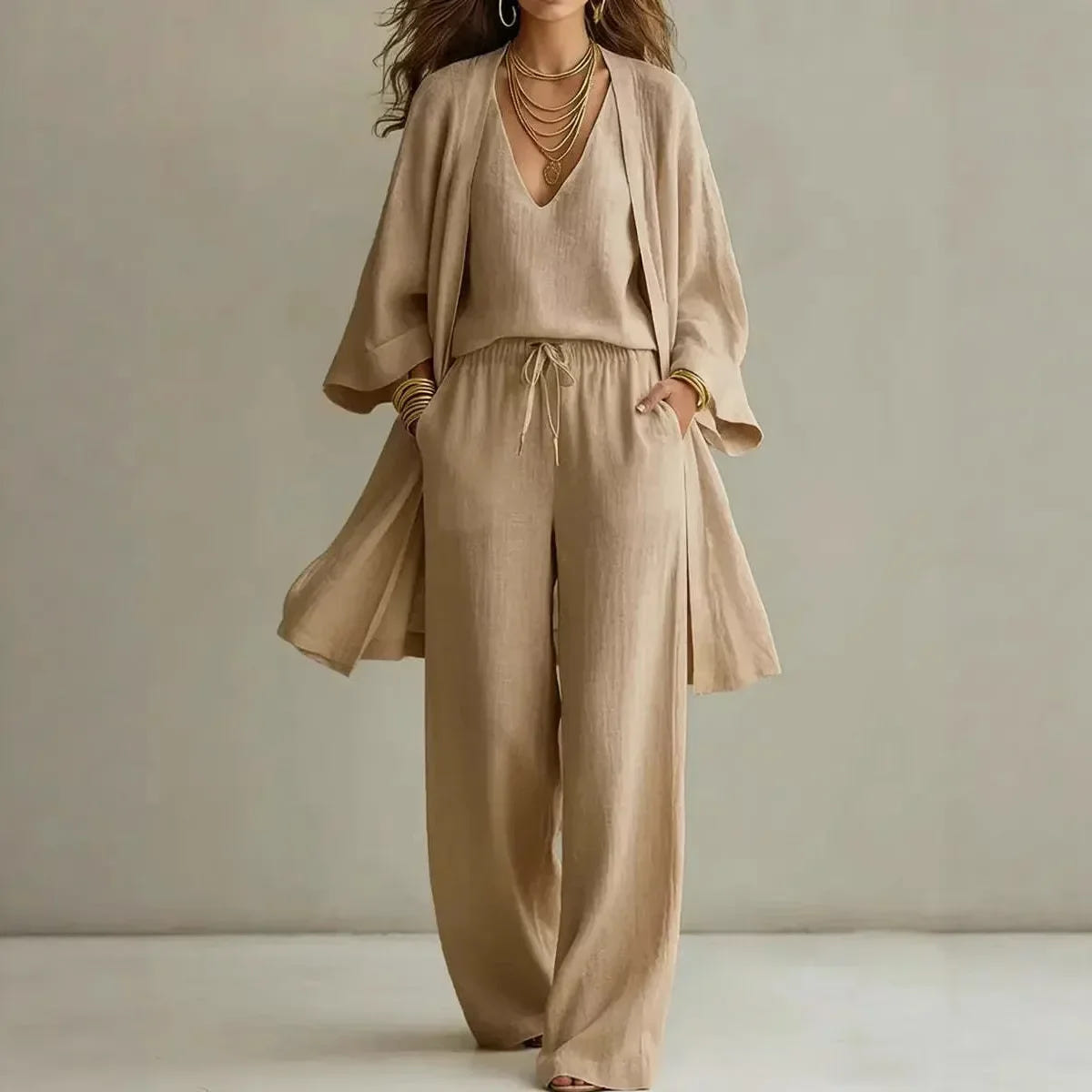 Bailey | Women's Linen Blend Cardigan Wide Leg Three Piece Set