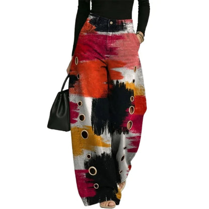 Isolwen | Women's Abstract Print Wide Leg High Waist Trousers