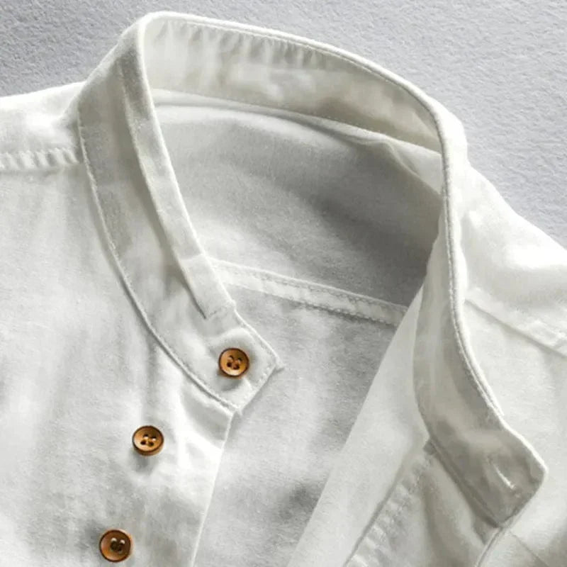 Kenji | Men's Mandarin Collar Button-Up Linen Blend Shirt
