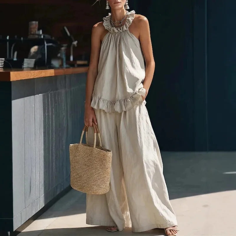 Harper | Women's Linen Blend Two Piece Set Ruffle Halter Wide Leg