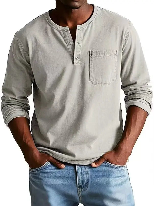 Kellan | Men's Vintage Washed Henley Long Sleeve Chest Pocket Shirt