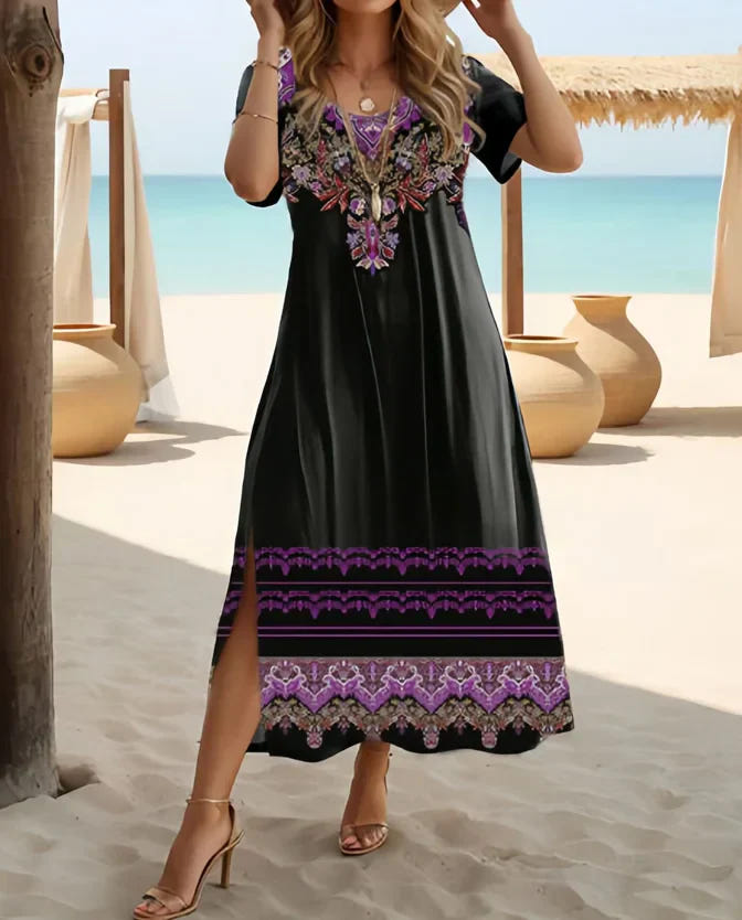 Genevieve | Women's Boho Maxi Dress Embroidered Short Sleeve Side Slit