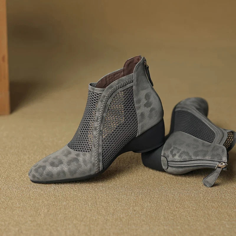 Thalira | Women's Mesh Panel Leopard Print Block Heel Ankle Boot