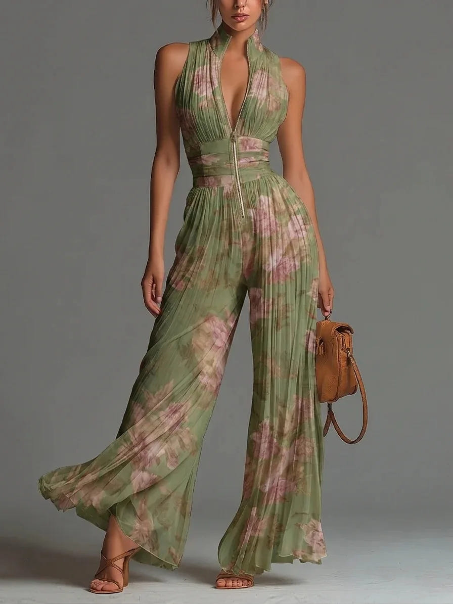 Cassidy | Women's Floral Pleated Wide Leg Jumpsuit Halter Deep V
