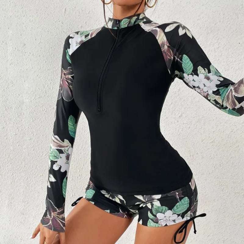 Isla | Women's Floral Rash Guard Set Long Sleeve Zip Front