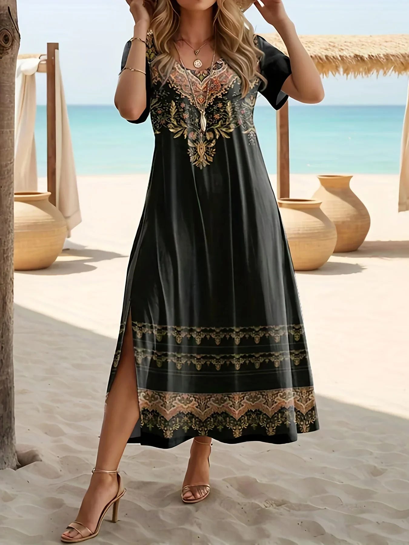 Genevieve | Women's Boho Maxi Dress Embroidered Short Sleeve Side Slit