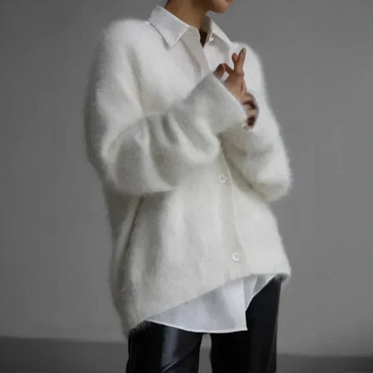 Elara | Women's Fuzzy Knit V-Neck Button-Front Cardigan