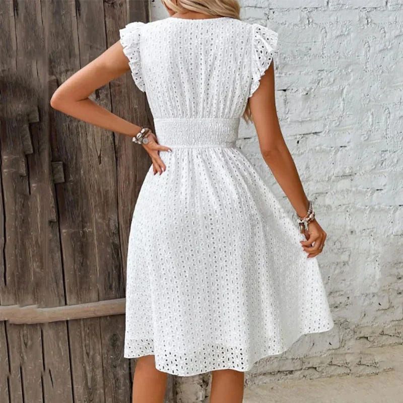 Lily | Women's Eyelet V-Neck Ruffle Sleeve Casual Summer Dress