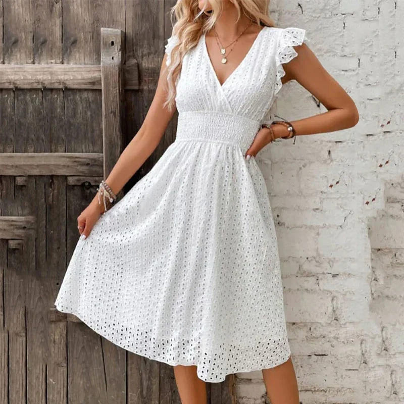 Lily | Women's Eyelet V-Neck Ruffle Sleeve Casual Summer Dress