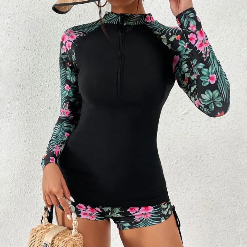 Isla | Women's Floral Rash Guard Set Long Sleeve Zip Front