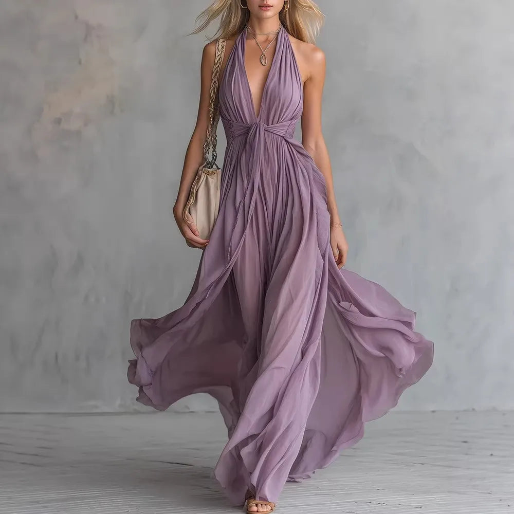 Roselyn | Women's Halter Neck Plunge Flowy Evening Maxi Dress