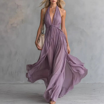 Roselyn | Women's Halter Neck Plunge Flowy Evening Maxi Dress