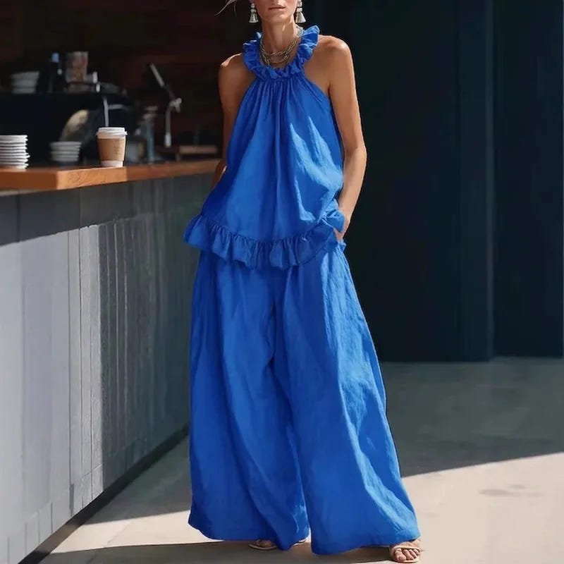 Harper | Women's Linen Blend Two Piece Set Ruffle Halter Wide Leg