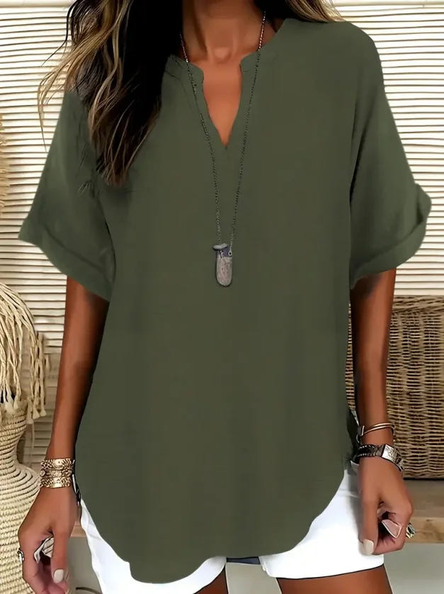 Cynthia | Women's Relaxed V-Neck Short Sleeve Summer Tunic Blouse