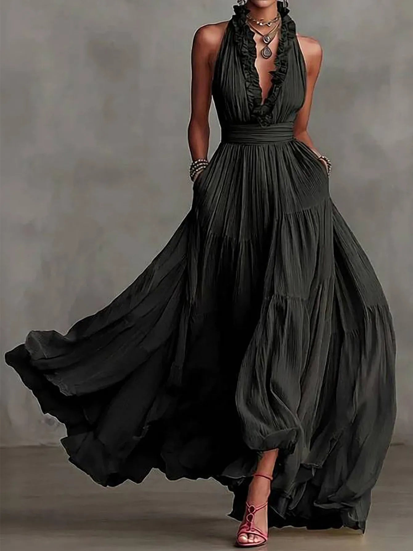 Brenda | Women's Ruffle Trim Halter Plunge Maxi Dress